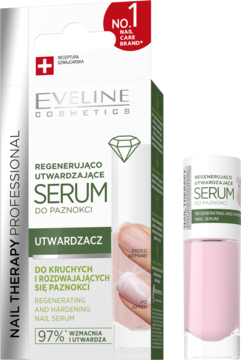 Eveline Regenerująco-Utwardzające serum do paznokci w biało-zielonym pudełku i różowej butelce, przód.