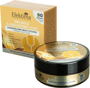 Hydrożelowe multi-płatki Efektima 24K Gold & Hyaluronic Acid, złoty słoiczek 90 sztuk i pudełko na jasnym tle.