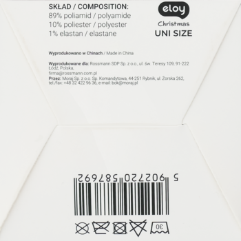 Tył białego opakowania skarpet Eloy Christmas UNI SIZE, pokazujący skład (poliamid, poliester, elastan) i kod kreskowy.
