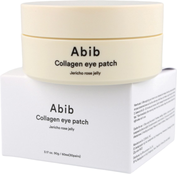 Abib Collagen eye patch Jericho rose jelly, beżowy słoiczek na białym pudełku, widok z przodu.