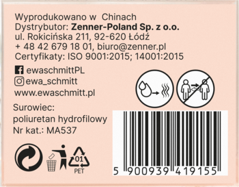 Ewa Schmitt Contour&Go gąbka make up, tył opakowania z danymi producenta, składem poliuretanowym i kodem MA537.