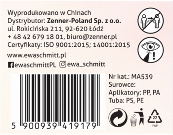 Tył opakowania Ewa Schmitt precyzyjnych aplikatorów bezwłókninowych MA539 z kodem, certyfikatami i recyklingiem.
