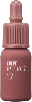 Peripera Ink Velvet Lip Tint 17 Rosy Nude, butelka z matowym wykończeniem i aplikatorem, widok z przodu.