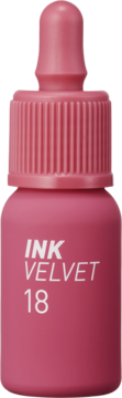 Peripera Ink Velvet Lip Tint 18 w kolorze pudrowego różu, matowa butelka z zakraplaczem, widok z przodu.