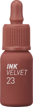 Peripera Ink Velvet Lip Tint 23, Nutty Nude, aksamitny tint do ust w małej brązowej butelce z kroplomierzem.