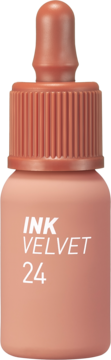 Peripera Ink Velvet Tint 24 Milky Nude, matowa brzoskwiniowa butelka z aplikatorem, widok z przodu.
