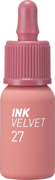 Peripera Ink Velvet Lip Tint #27, brzoskwiniowy odcień w matowej butelce z różową nakrętką.