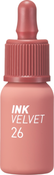 Peripera Ink Velvet Lip Tint 26 Well-Made Nude w matowej, różowo-beżowej butelce z zakrętką i kroplomierzem. Z przodu.