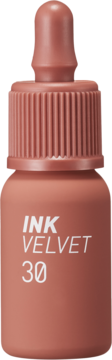 Peripera Ink Velvet Lip Tint 30, Classic Nude, matowa butelka z pipetą w odcieniu brązowego różu, widok z przodu.