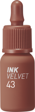 Peripera Ink Velvet 43 Caffeine Nude, brązowy tint do ust w butelce z zakraplaczem. Widok z przodu.