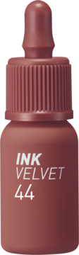 Peripera Ink Velvet Lip Tint 44 Chestnut Nude, brązowa butelka z aplikatorem, matowy tint do ust.