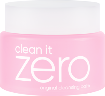 Clean It Zero oryginalny balsam do demakijażu w różowym słoiczku z białym wieczkiem, widok z przodu pod kątem.