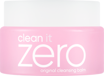 Różowy balsam do demakijażu Clean It Zero Original w słoiku z białym napisem na jasnym tle, widok z przodu.