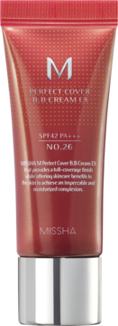 Missha Perfect Cover BB Cream EX SPF 42 PA+++, różowa tubka z numerem 26, srebrna zakrętka, widok z przodu.
