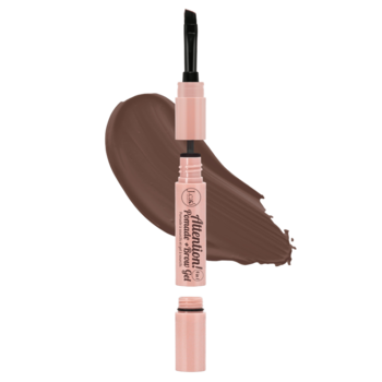 J.Cat Beauty Attention! Ciemnobrązowa dwustronna pomada i żel do brwi, otwarty, z brązową plamą.