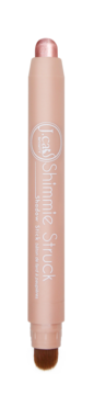 J.Cat Beauty Shimmie Struck Shadow Stick, jasnoróżowy kremowy cień w sztyfcie z brązowym pędzelkiem, pionowo.
