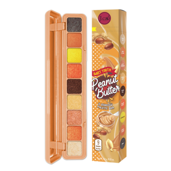 J.Cat Beauty Sweet Tooth Peanut Butter, otwarta paleta 9 błyszczących cieni obok beżowego opakowania.
