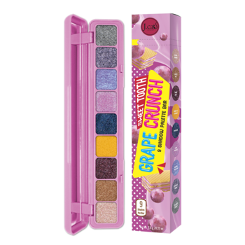 Kompaktowa paleta cieni J.Cat Beauty Sweet Tooth Grape Crunch z 9 błyszczącymi kolorami w różowym etui, obok pudełko.