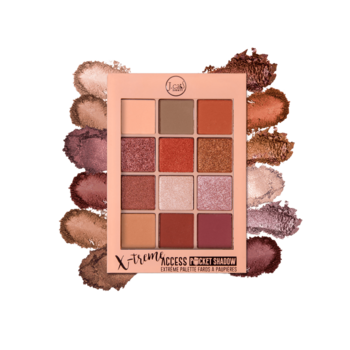 Paleta J.Cat Beauty X-treme Access Red Carpet Premiere, 12 ciepłych cieni matowych i błyszczących, ze swatchami.