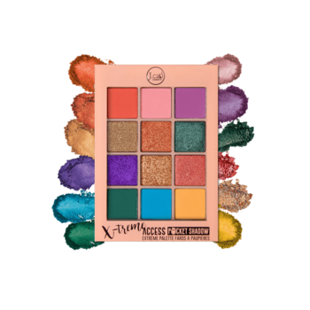 Paleta J.Cat Beauty X-treme Access Pops of Paparazzi, 12 cieni: mat i błysk. Barwne swatche wokół. Widok z przodu.