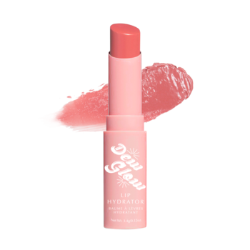 Różowy balsam do ust J.Cat Dew Glow Hydrator w sztyfcie. Nawilżający, z widocznym produktem i błyszczącą próbką.