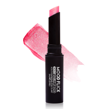 Otwarty holograficzny balsam do ust Mood Flick Out Of Retrograde J.Cat Beauty, z różowym, opalizującym swashem.