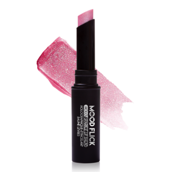 J.Cat Beauty Mood Flick Mood Swing, holograficzny balsam w czarnym sztyfcie, z różowym swatche brokatowym.