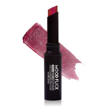 Otwarty holograficzny balsam do ust J.Cat Mood Flick, różowo-czerwony z brokatem, obok połyskujący swatch.