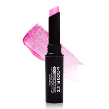 Pionowy balsam do ust J.Cat Beauty Mood Flick Vice Versa, otwarta tubka z różową szminką i holograficzną smugą.