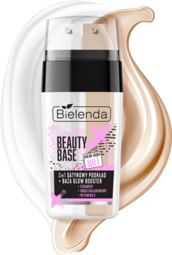 Bielenda Beauty Base satynowy podkład 2w1 z bazą glow booster i kwasem hialuronowym, widok z przodu.