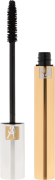 Tusz do rzęs YSL Volume Effet Faux Cils 01 High Density Black, złote opakowanie, widoczna czarna szczoteczka.