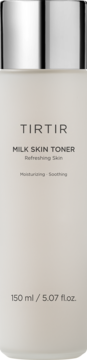 TIRTIR Milk Skin Toner, nawilżający mleczny tonik do twarzy w białej butelce ze srebrną zakrętką, widok z przodu.