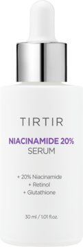 TIRTIR Niacinamide 20% Serum w białej butelce z dropperem, widok z przodu, z napisem +Retinol i +Glutathione.
