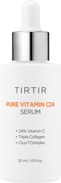Biała butelka serum TIRTIR Pure Vitamin C24, widok z przodu. Z 24% witaminą C, potrójnym kolagenem i pipetą.