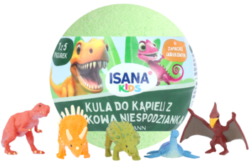 Kula do kąpieli Isana Kids jabłkowa z figurkami dinozaurów: zielone opakowanie i 5 kolorowych zabawek. Widok z przodu.