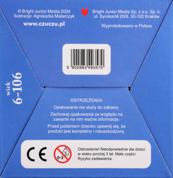 Tył niebieskiego opakowania puzzli CzuCzu z wiekiem 6-106, kodem kreskowym i ostrzeżeniami w języku polskim.