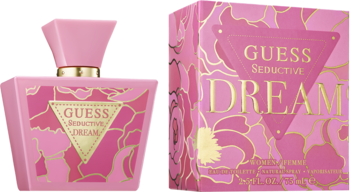 Perfumy Guess Seductive Dream, różowa butelka i pudełko z kwiatowym wzorem, widok z przodu.