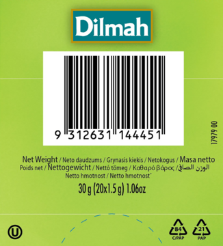Tył zielonego opakowania herbaty Dilmah z kodem kreskowym i napisem 'Net Weight 30g (20x1.5g) 1.06oz'.