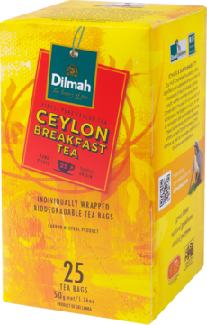 Widok z przodu i boku na żółte opakowanie czarnej herbaty Dilmah Ceylon Breakfast Tea, 25 biodegradowalnych saszetek.