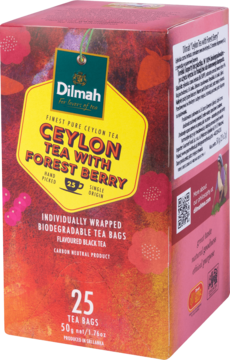 Dilmah Ceylon Tea Forest Berry, różowo-czerwone pudełko z żółtą etykietą, 25 biodegradowalnych torebek herbaty.