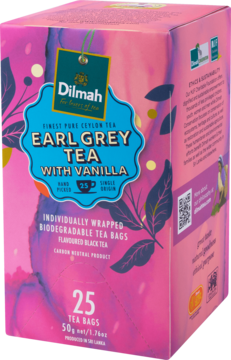 Różowe opakowanie herbaty Dilmah Earl Grey z wanilią, 25 torebek, z wzorem liści, widok z przodu pod kątem.