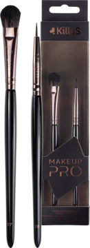 KillyS Makeup Pro, zestaw dwóch pędzli w czarnym opakowaniu z różowozłotymi detalami; obok pędzle 27 i 18.