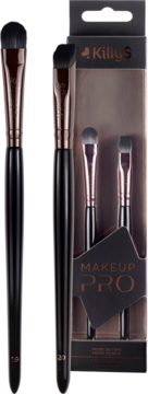 Zestaw KillyS Makeup PRO: dwa czarne pędzle do makijażu z różowozłotą skuwką oraz opakowanie z dwoma mniejszymi pędzlami.