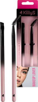 KillyS Makeup Lover zestaw pędzli do brwi i eyelinera, czarno-różowe uchwyty, widoczny w różowym opakowaniu.