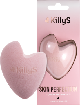 Różowa, sercowata gąbeczka do makijażu KillyS Skin Perfection, widok z przodu, z częścią opakowania.