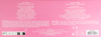 Tył różowego opakowania zestawu Guess Seductive Dream, widoczne składy balsamu do ciała i wody toaletowej.