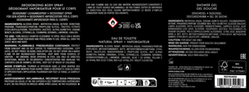 Tył czarnego opakowania wody toaletowej Guess Seductive Homme, biały tekst z informacjami i ostrzeżeniami.