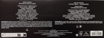 Tył czarnego opakowania zestawu Guess Seductive Noir dla kobiet. Widoczna lista składników i kod kreskowy.