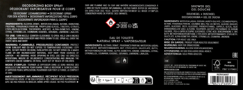 Tył opakowań zestawu Guess Seductive Homme Noir (dezodorant, woda, żel) z białymi etykietami składu i ostrzeżeń.