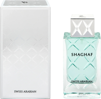 Swiss Arabian Shaghaf, męska woda perfumowana, jasnozielona butelka z fakturą i białe pudełko. Z przodu.
